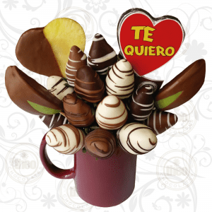 Arreglo frutal taza cerámica 15 fresas corazones de piña con paleta de chocolate con mensaje