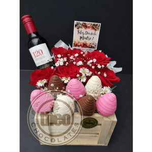 Canasta Rosas, fresas y vino