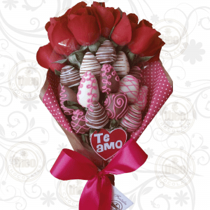 Ramo de 15 fresas con chocolate, 8 rosas naturales y 1 paleta con mensaje
