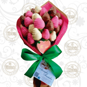 Ramo de 30 fresas cubiertas y decoradas con chocolate de colores y 1 paleta de chocolate con mensaje “Te Amo”