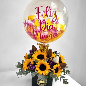 Arreglo con girasoles y globo _Feliz día Mamá_