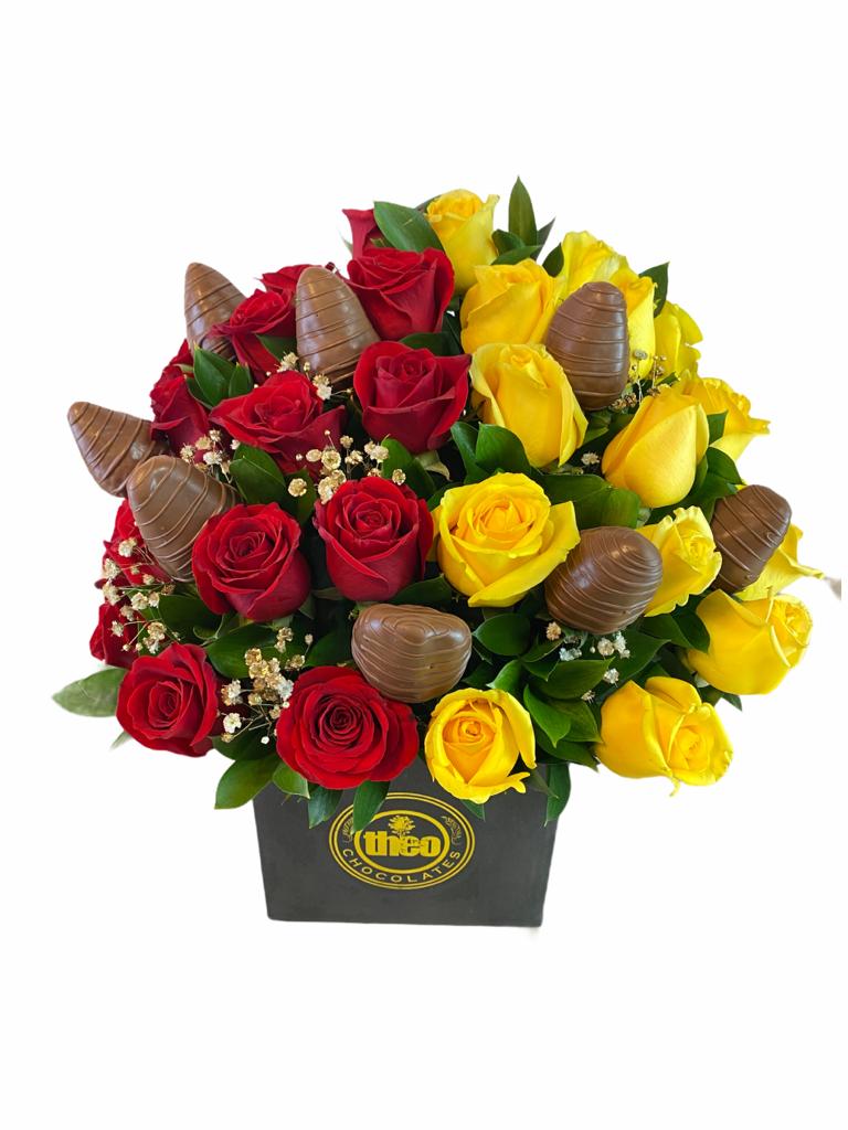 Arreglo con rosas amarillas y rojas - Chocolates Theo - Flores - Chocolates