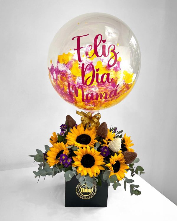 Arreglo con girasoles y globo _Feliz día Mamá_